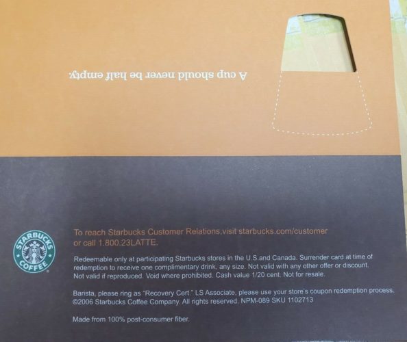 Starbucks Coffee Recovery Gift Certificate Free Drink Coupons